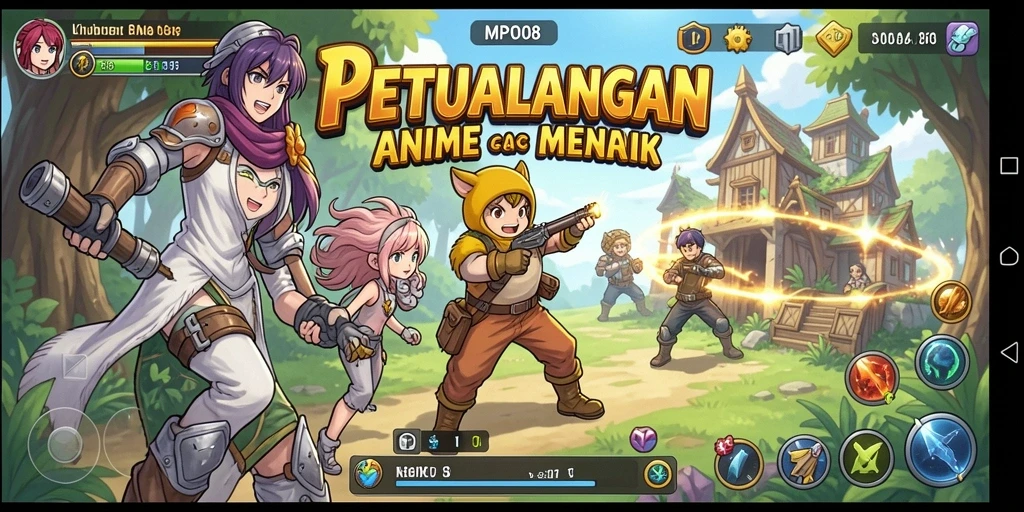Tampilan gameplay MPO08 yang penuh aksi dan karakter anime menarik.